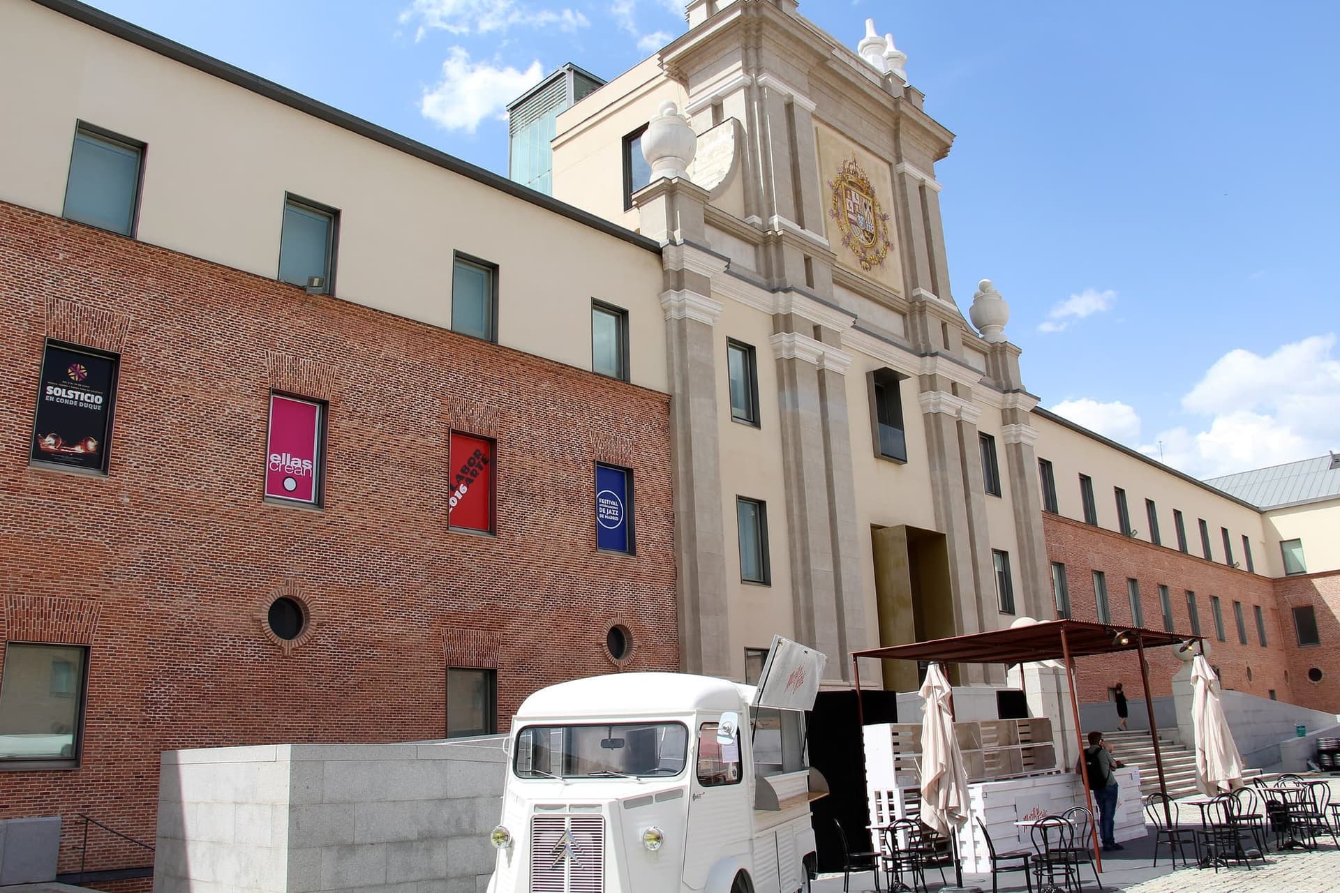 The long baroque facade of the Conde Duque cultural centre in Madrid, a converted eighteenth-century barracks.